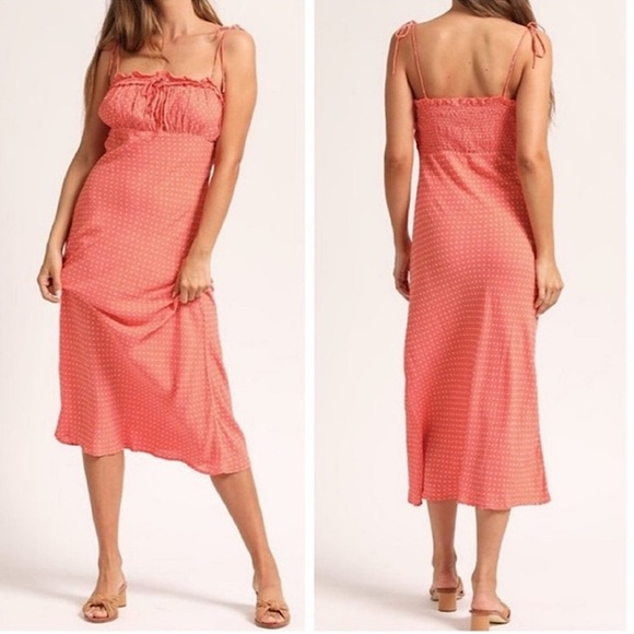 CLEOBELLA Coral Peach Pink Polka Dot Emily Sleeveless Midi Slip Dress Size Small - Picture 11 of 11